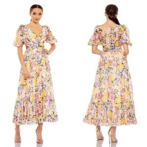 Mac Duggal 68247 Floral Chiffon Puff Sleeve Tiered Hem Dress Size 22 NWT